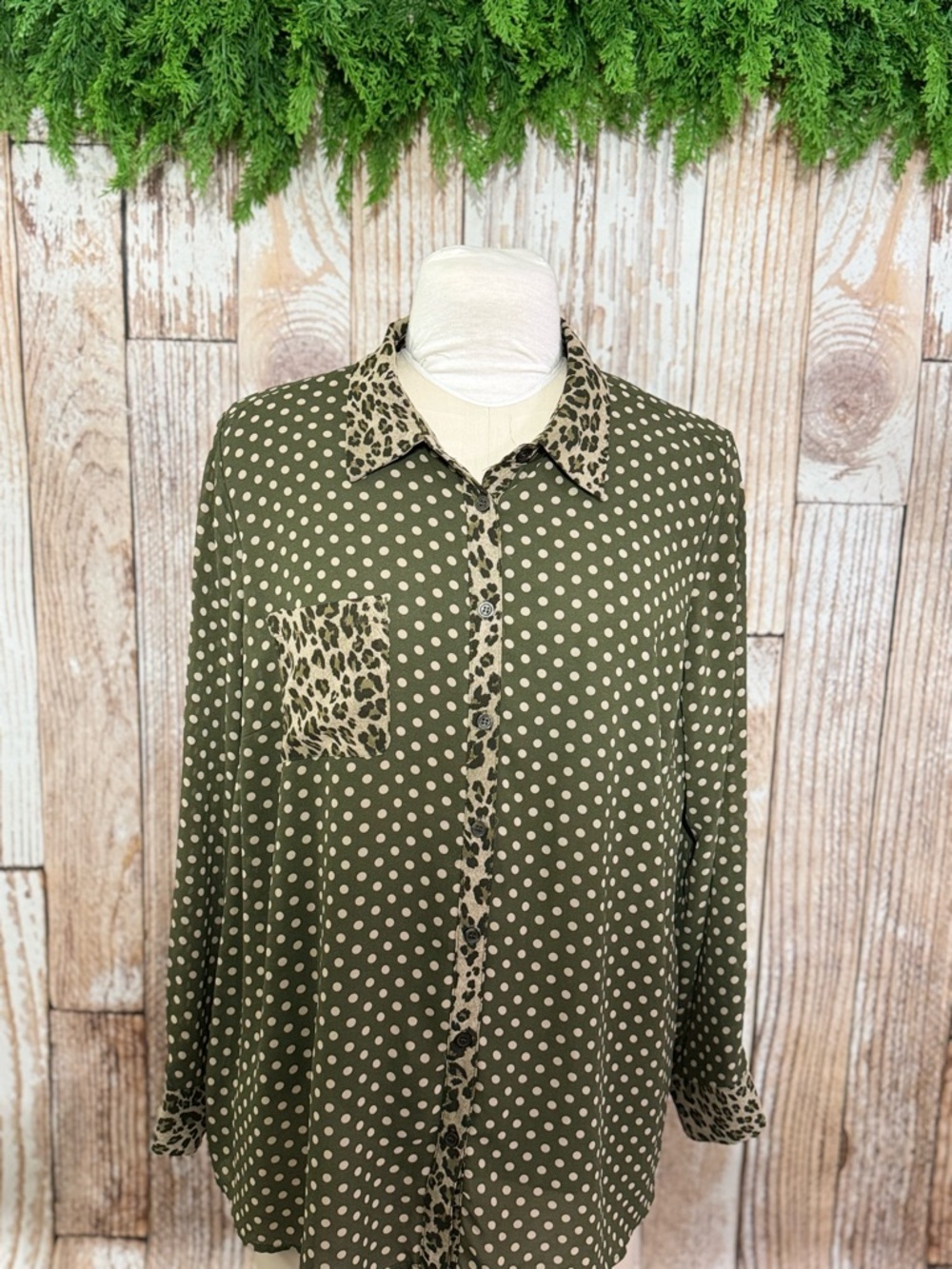 Belle by Kim Gravel Olive Green Polka Dot Blouse with Leopard Trim